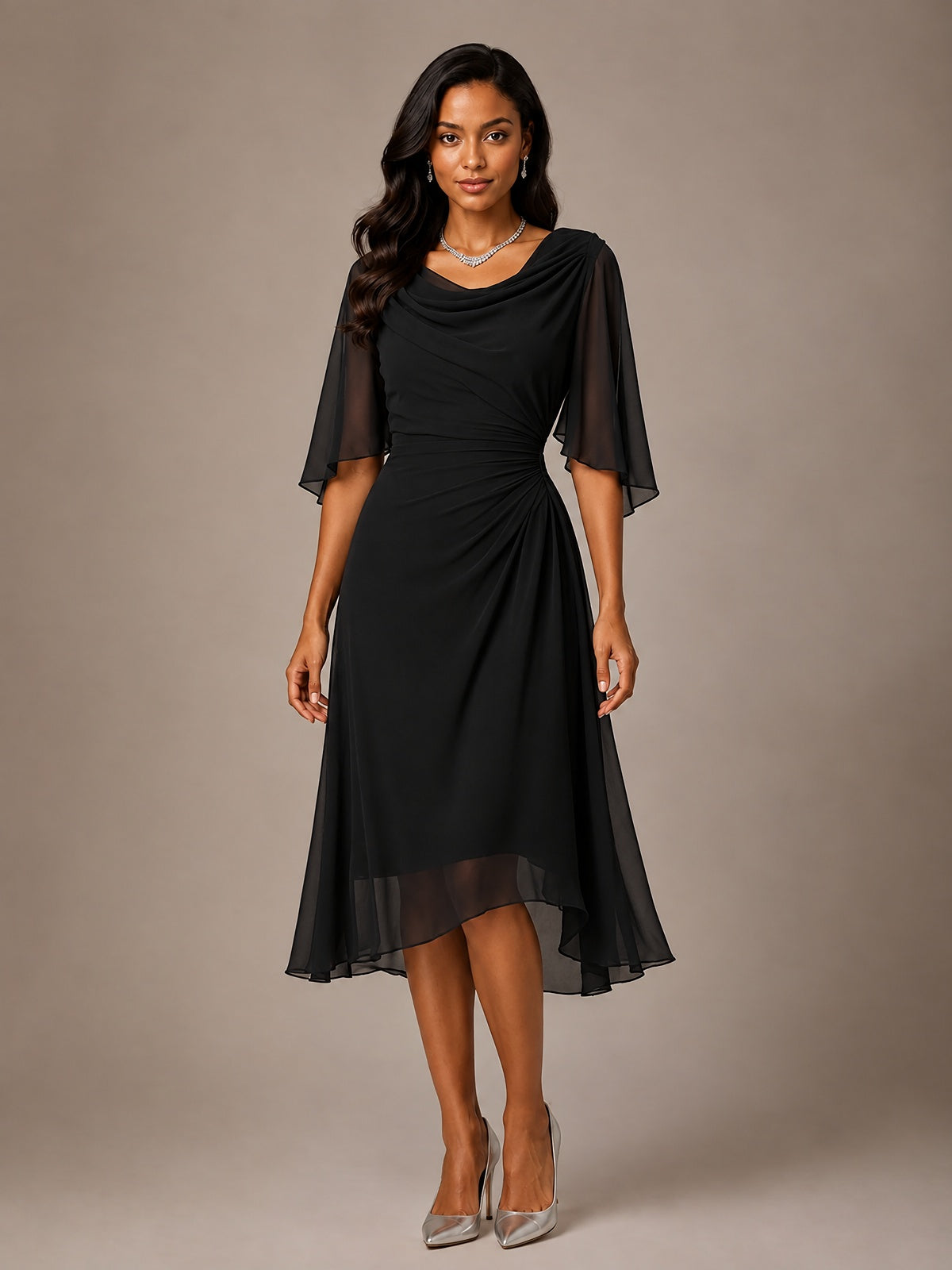 Cowl Neck Ruched Chiffon Mother of the Bride Dresses with Flutter Sleeves