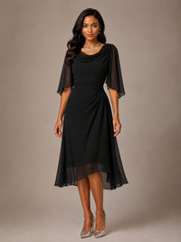Cowl Neck Ruched Chiffon Mother of the Bride Dresses with Flutter Sleeves