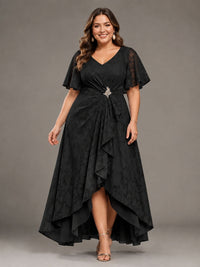 Jacquard Chiffon A-Line V-Neck High-Low Mother of the Bride Dress