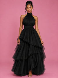 Hot Pink Tulle Halter Neck Tiered Ruffle Maxi Dress
