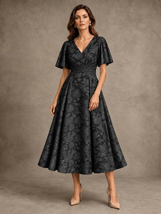 V-Neck Floral Jacquard Tea-Length Mother of the Bride Dress
