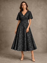 V-Neck Floral Jacquard Tea-Length Mother of the Bride Dress