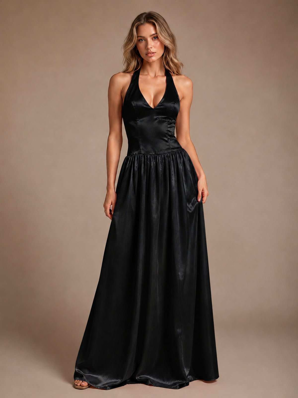 Pink V Neck Halter Satin Maxi Dress