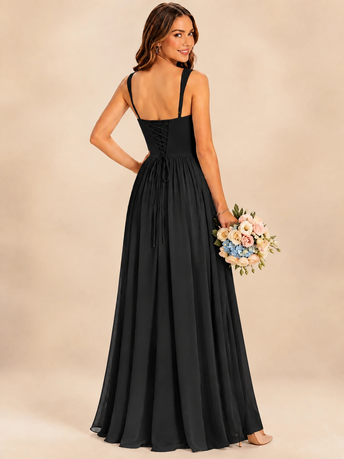 Spaghetti Straps Pleated Chiffon Bridesmaid Dress with Ruffle Slit