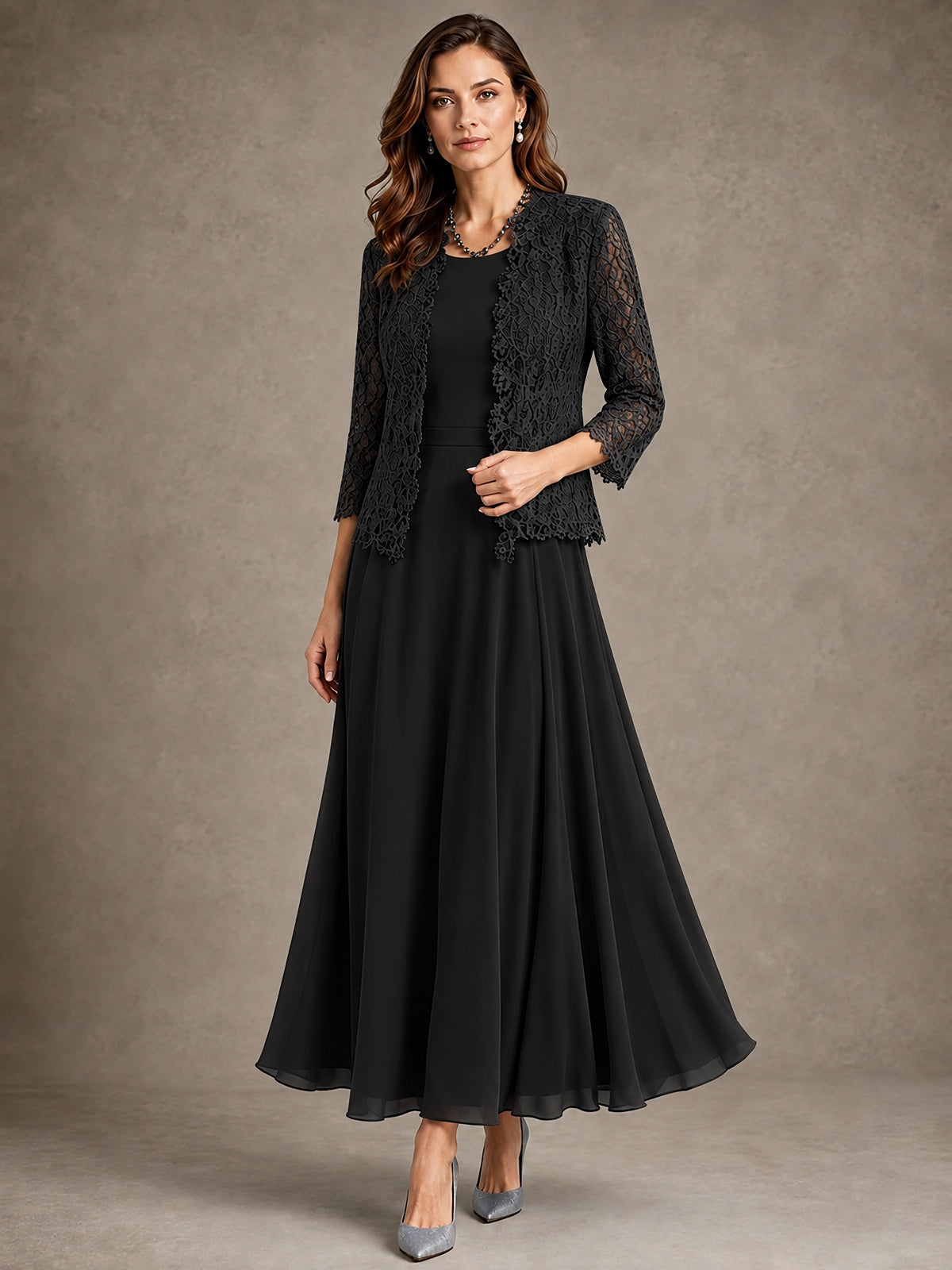 2-Piece Chiffon Mother of the Bride Dress with Lace Jacket