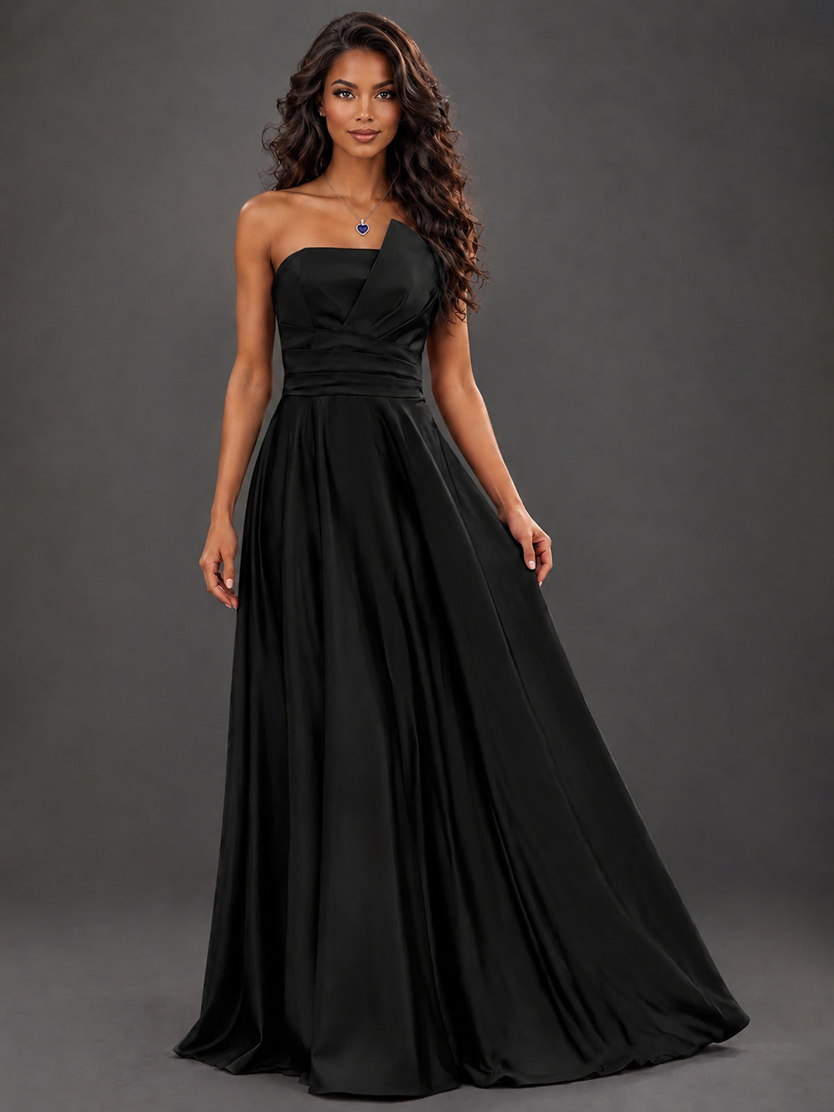 Draped Satin Prom Dress Strapless A-line Formal Dress Floor Length