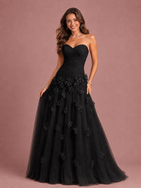 Blush Pink Strapless Sweetheart 3D Floral Tulle Ball Gown Prom Dres