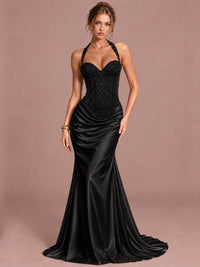 Black Sparkling Halter Corset Satin Mermaid Prom Dress Long Ruched Sequin Formal Gown Evening Party Dress
