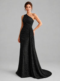 One-Shoulder Ruched Floral Lace Floor-Length Prom Dress