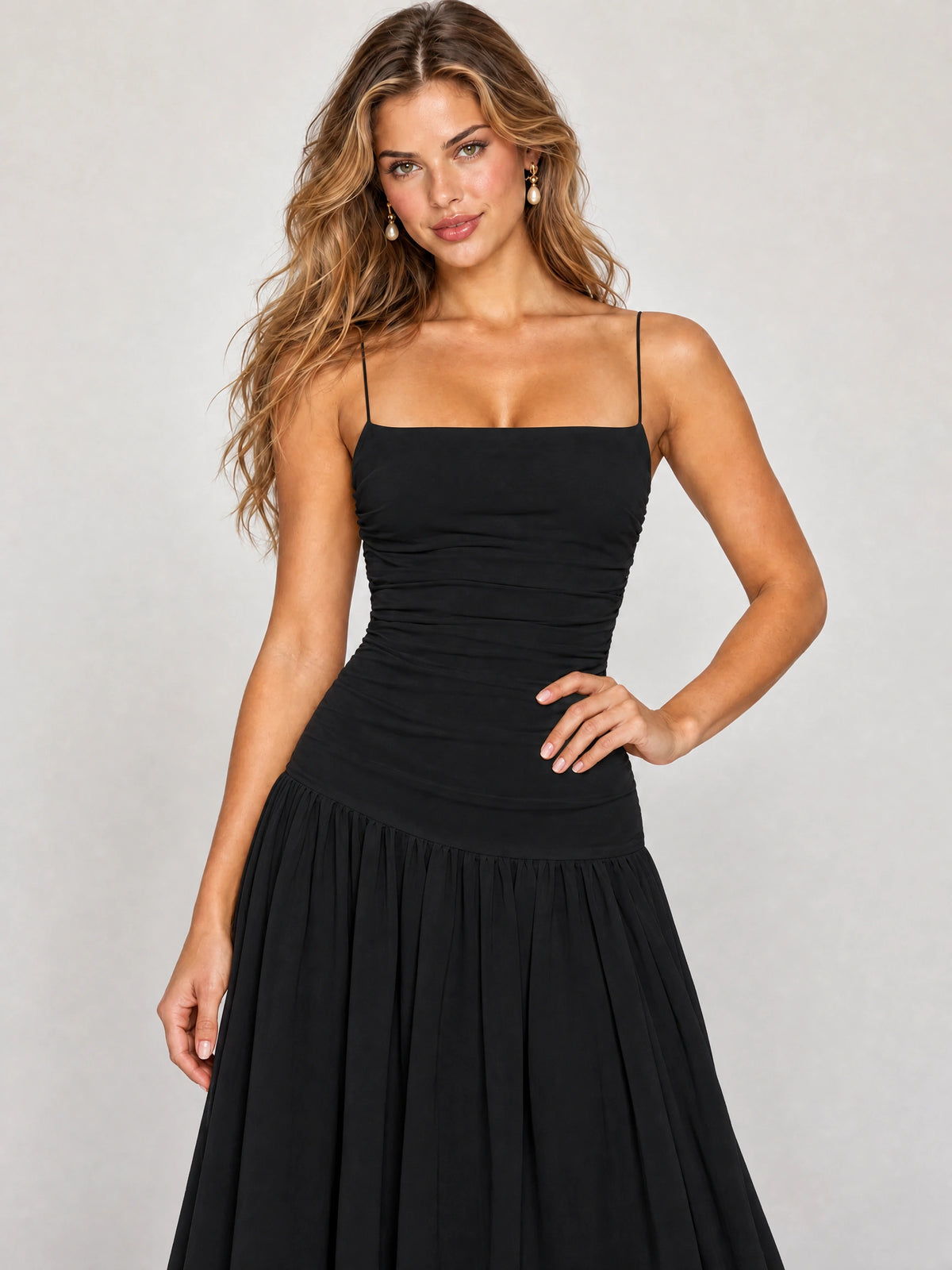 Butter Yellow Ruched Spaghetti Strap Drop-Waist Prom Dress