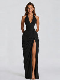 Ruched Halter Neck High-Slit Prom & Evening Dress