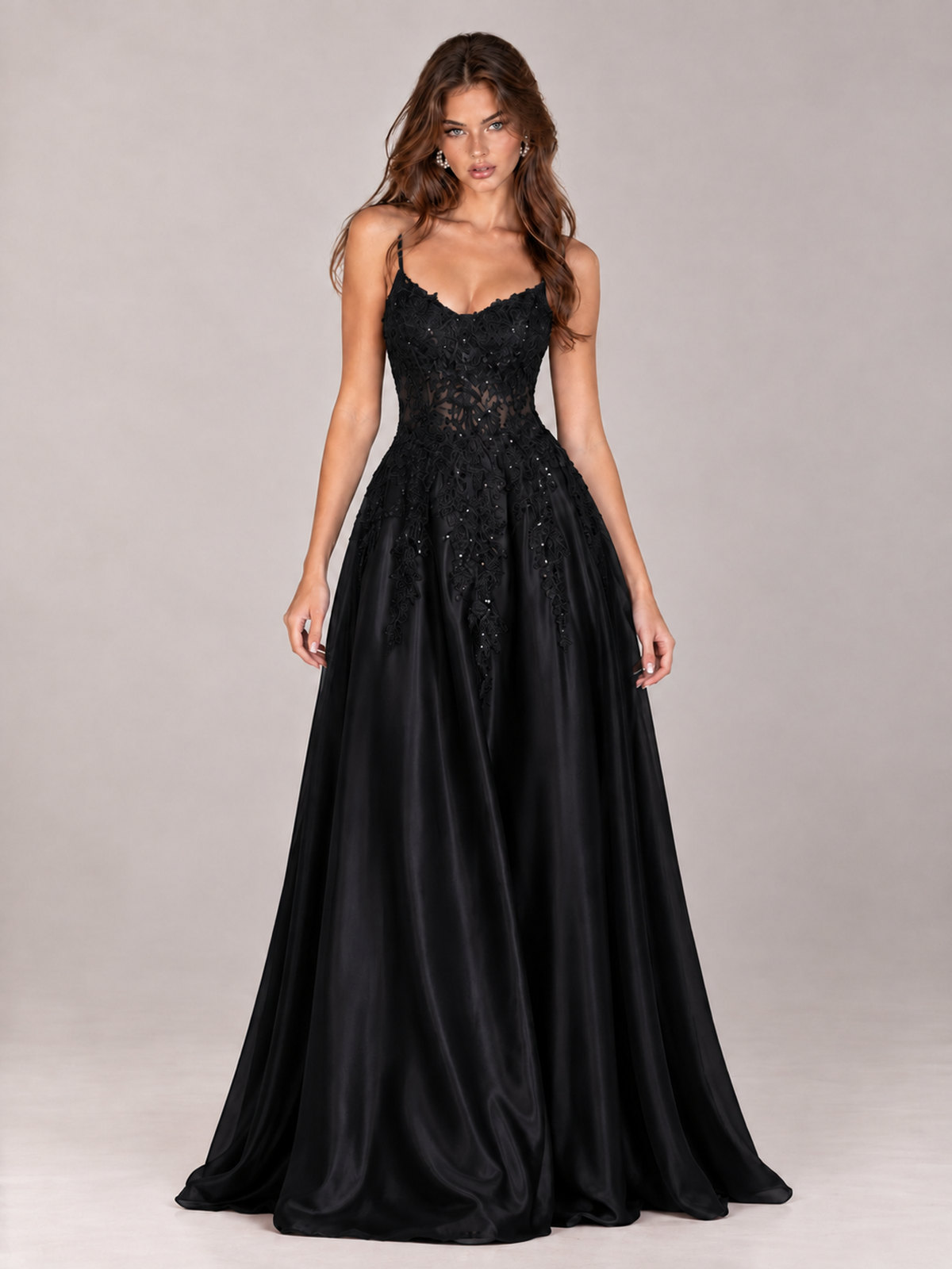 Lace Applique Satin A-Line Prom Dress with Sheer Bodice