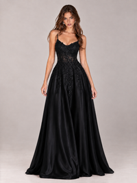 Lace Applique Satin A-Line Prom Dress with Sheer Bodice