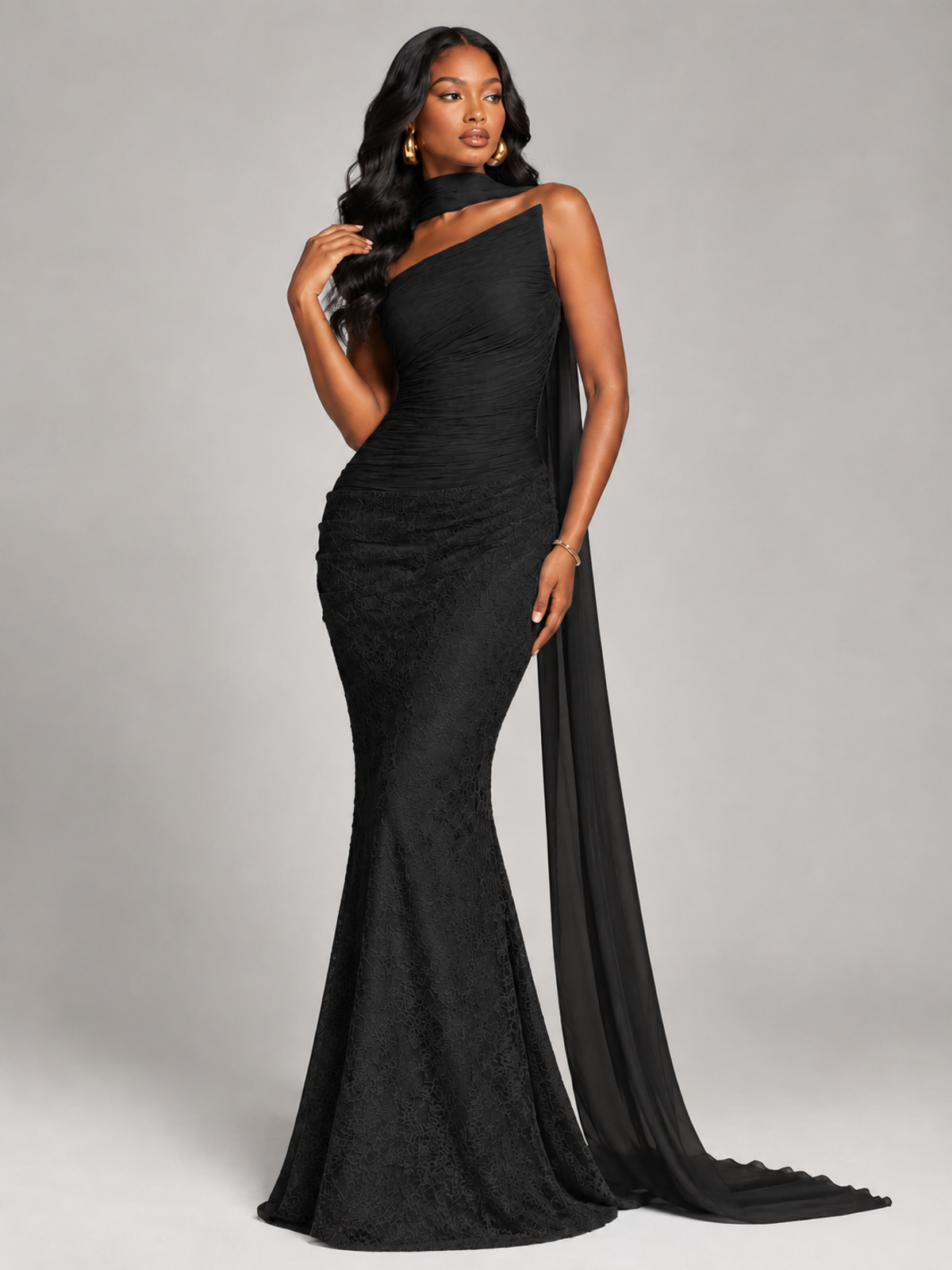 Pleated Chiffon Lace Prom Dresses Long Bodycon Mermaid with Scarf