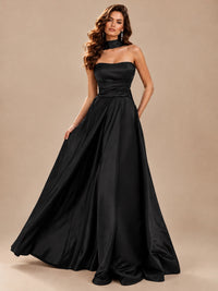 Strapless Prom Dress Side High Slit A-line Formal Dress with Scarf