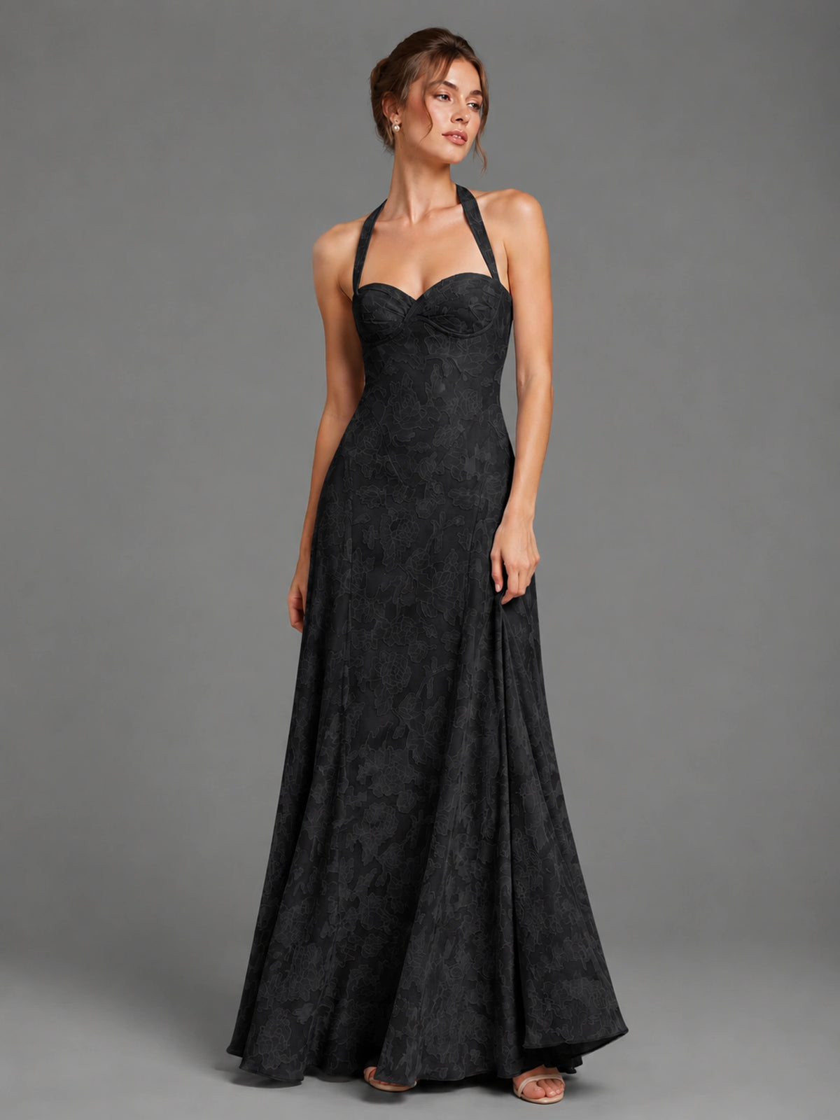 A-Line Halter Floral Chiffon Maxi Dress