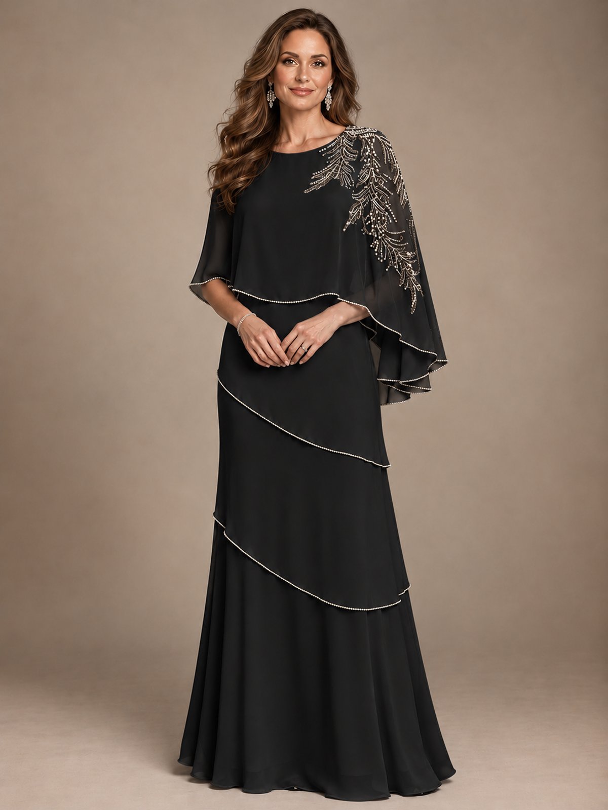 Elegant Chiffon Cape Sleeve Beaded Mother of the Bride Dress