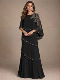 Elegant Chiffon Cape Sleeve Beaded Mother of the Bride Dress