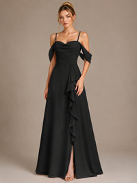 Spaghetti Strap Chiffon Bridesmaid Dress with Ruffles Slit