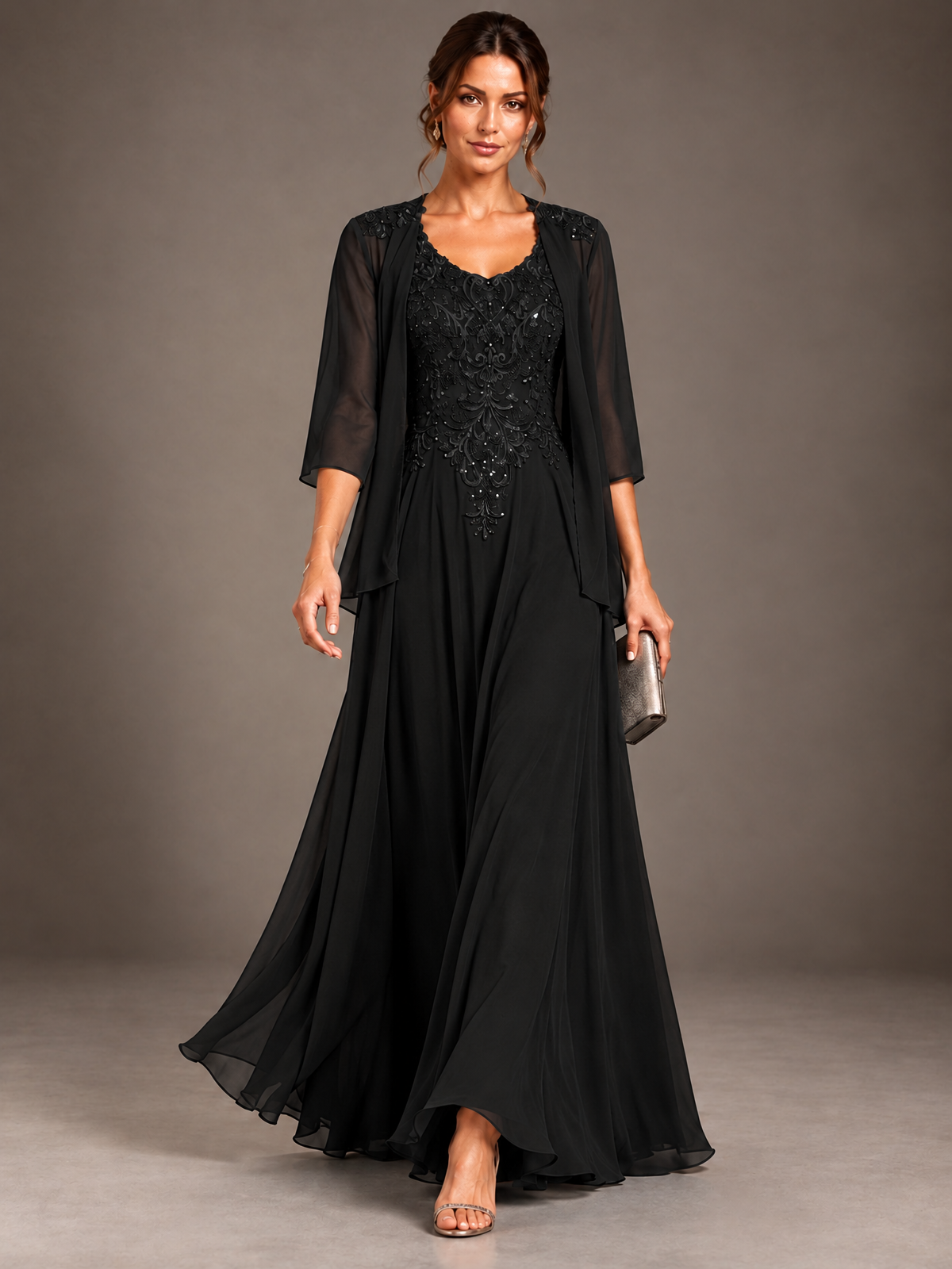 A-line 2 Pieces Chiffon Appliques Mother of The Bride Dresses with Jackets
