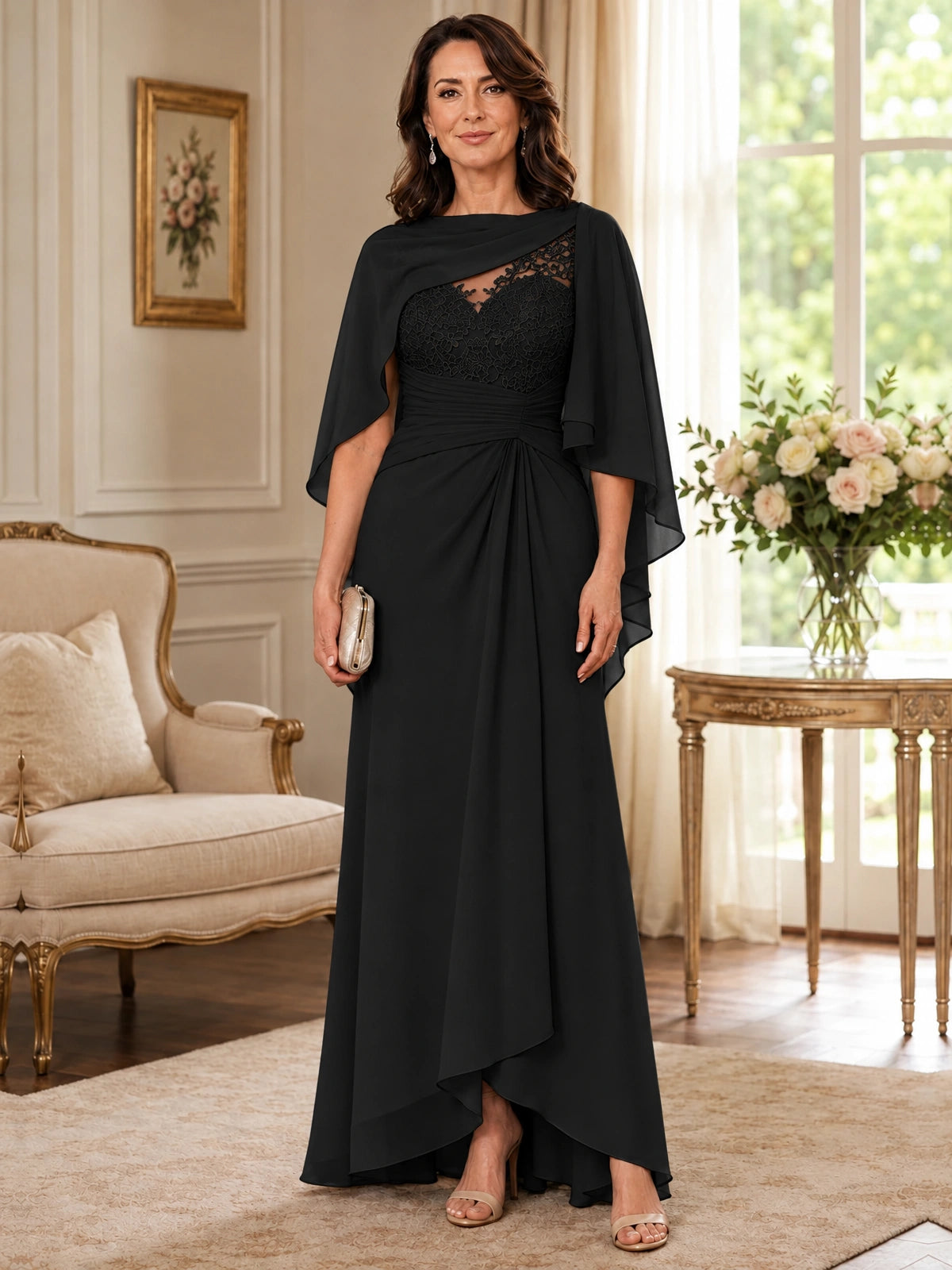 Elegant Chiffon Mother of the Bride Dress with Lace Applique and Cape Sleeves