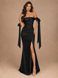 Off The Shuolder Satin Prom Dress Slit Mermaid Formal Gowns