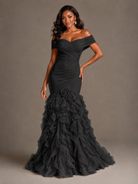 Pink Off-the-Shoulder Mermaid Prom Dress with Ruffles 3D Flowers