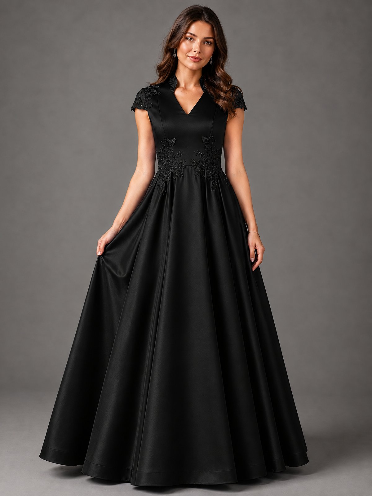 Lace Appliqué A-Line Satin Maxi Dress