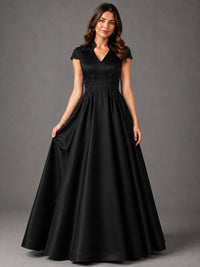 Lace Appliqué A-Line Satin Maxi Dress