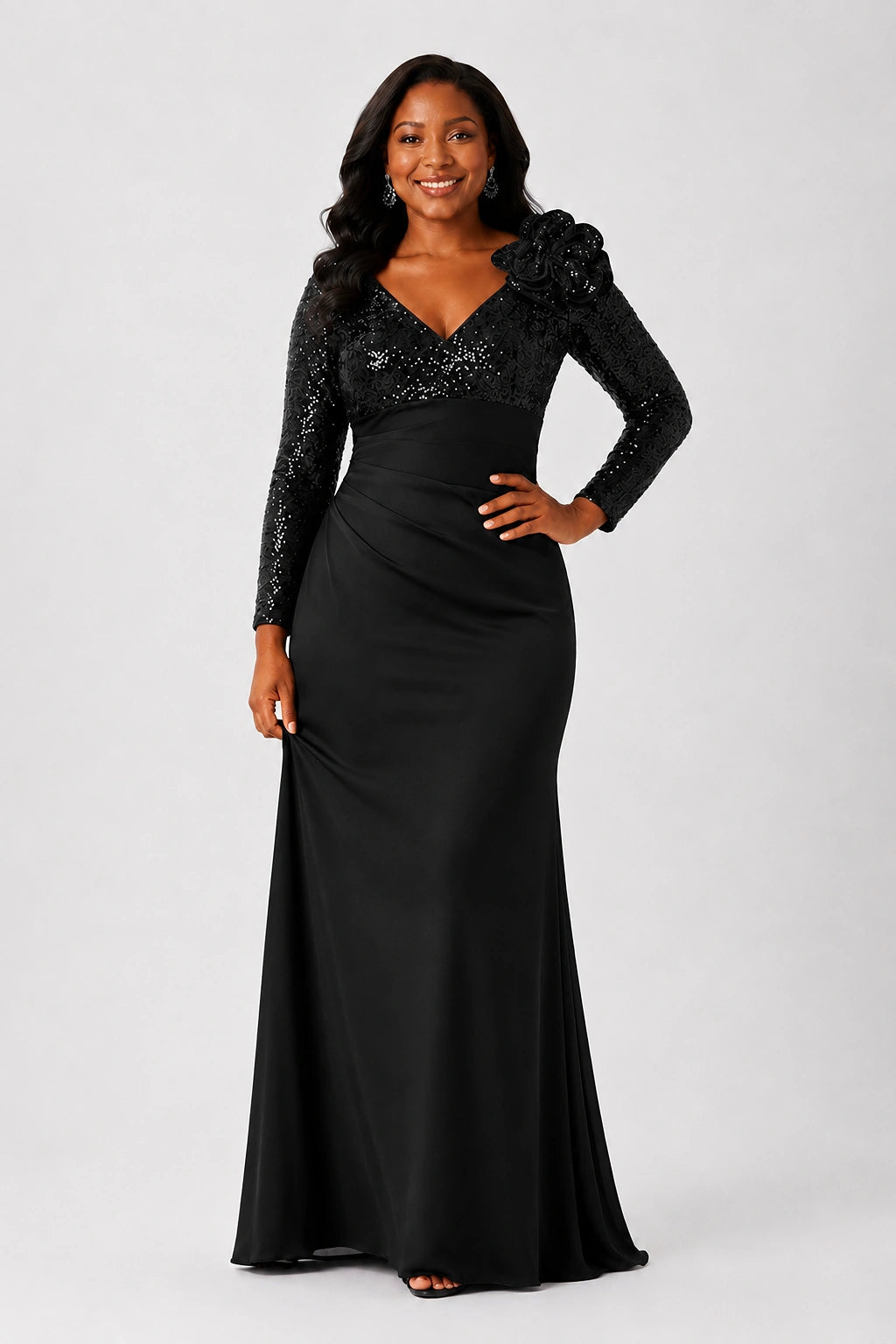 Sequin Mother of the Bride Dress with Long Sleeves 3D Floral V-Neck Gown