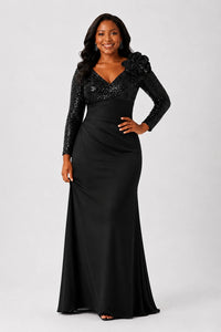Sequin Mother of the Bride Dress with Long Sleeves 3D Floral V-Neck Gown