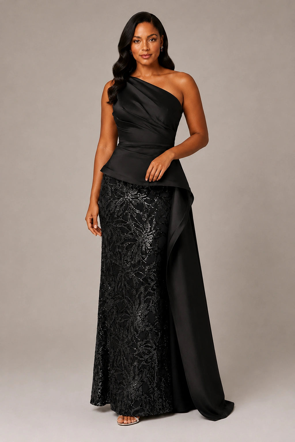 One-Shoulder Mother of the Bride Dress with Sequin Skirt and Peplum