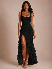 Square-Neck Lace Ruffle High-Low Maxi Dress