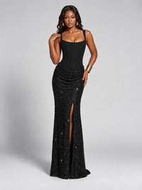 Sequin Corset Mermaid Prom Dress with Square Neck Wide Strap High Slit