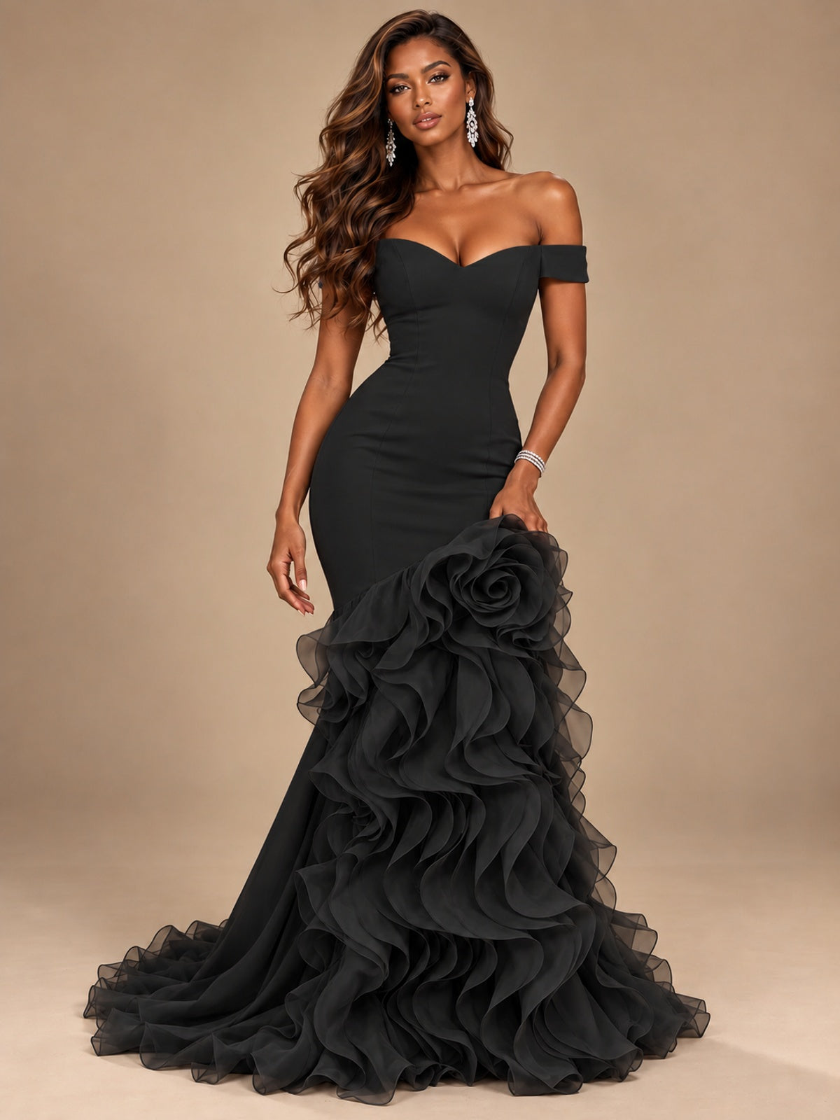 Dusty Blue Off-the-Shoulder Mermaid Prom Dress with 3D Rose & Ruffles