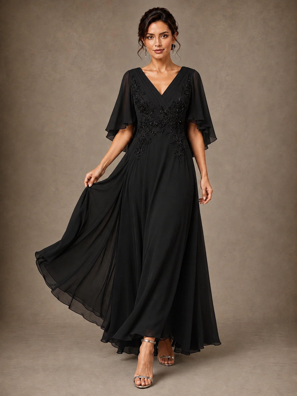 V-Neck Chiffon Lace Mother of the Bride Dress with Flutter Sleeves