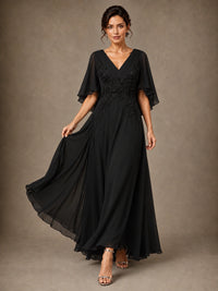 V-Neck Chiffon Lace Mother of the Bride Dress with Flutter Sleeves