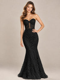 Strapless Corset Mermaid Prom Dress with Floral Lace Appliqué