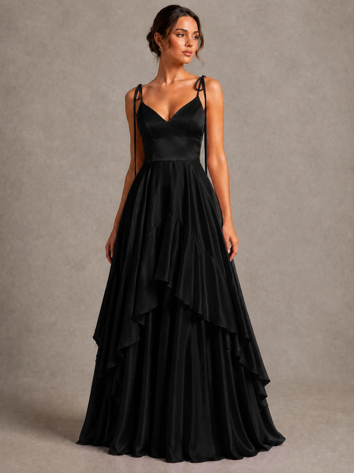 Lavender Satin V-Neck Ruffle Maxi Dress