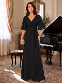 Black V-Neck Chiffon Lace Mother of the Bride Dresses with Flutter Sleeve A-line Long Ruffled Evening Formal Wedding Guest Gown