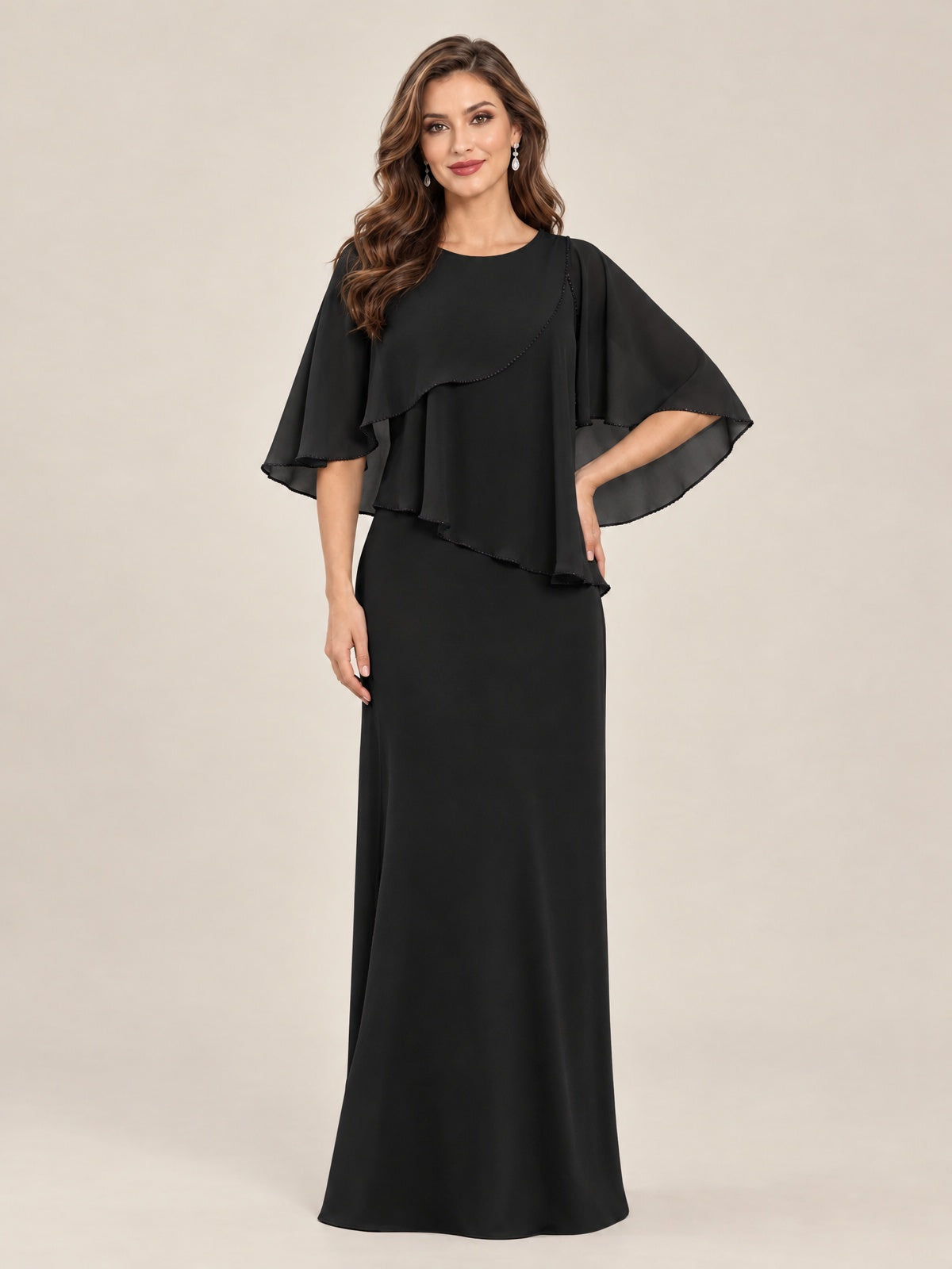 Black-Chiffon 2 Piece A Line Mother of The Bride Dresses with Cape