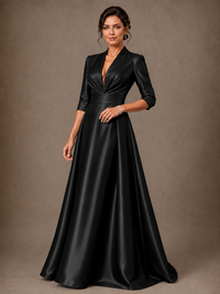 V-Neck Pleated Satin Mother of the Bride Gown with 3/4 Sleeves