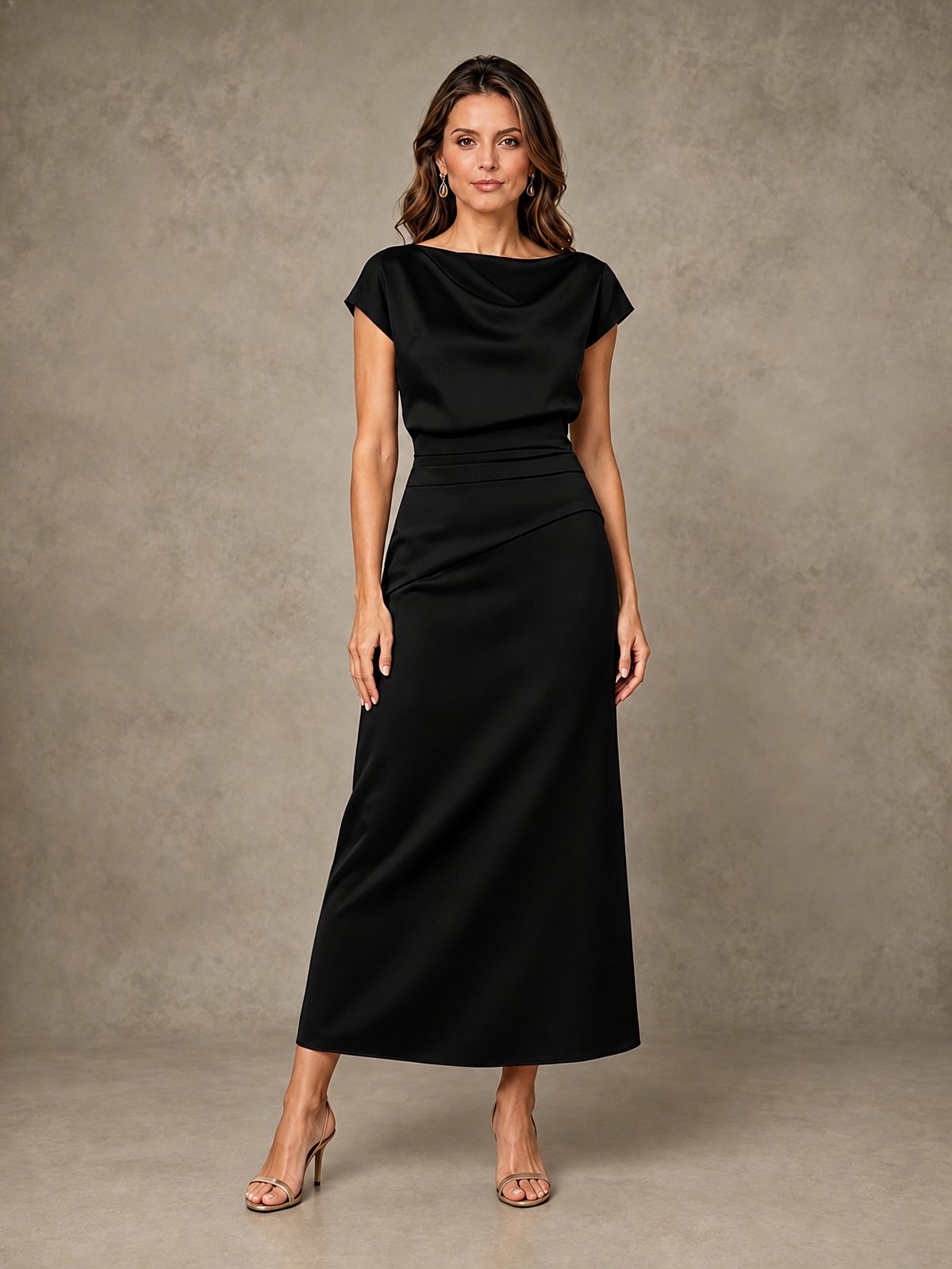 Cowl Neck Satin Mother of the Bride Dress with Ruched Waist