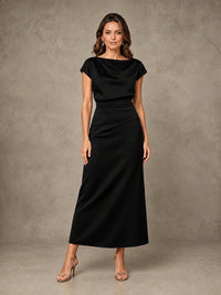 Cowl Neck Satin Mother of the Bride Dress with Ruched Waist