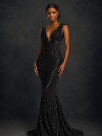 Gold Sequin Floral Applique Mermaid Prom Dress