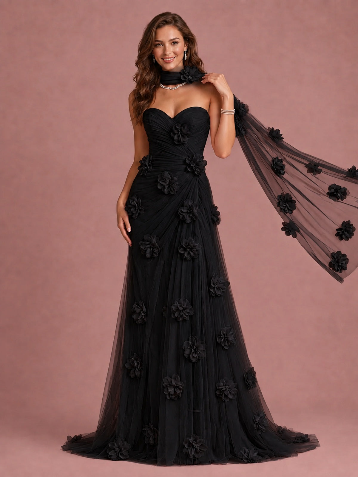 Blush Pink Strapless Sweetheart 3D Floral Tulle Mermaid Prom Dress