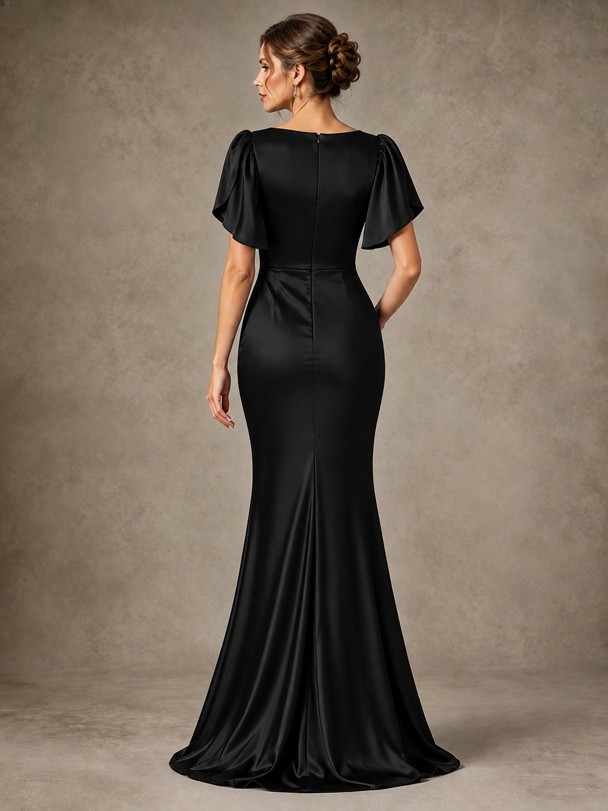 V-Neck Satin Mother of the Bride Dress with Flutter Sleeves