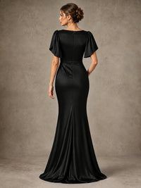V-Neck Satin Mother of the Bride Dress with Flutter Sleeves