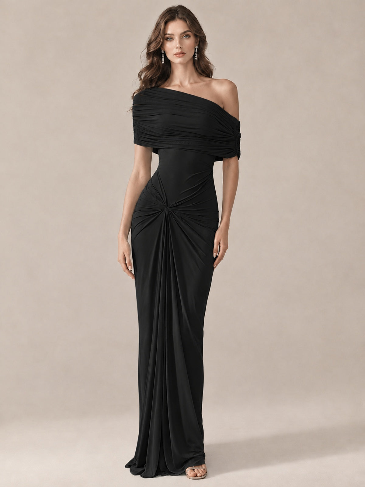 Elegant Draped Off Shoulder Ruched Mermaid Chiffon Formal Evening Gown