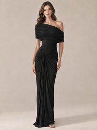 Elegant Draped Off Shoulder Ruched Mermaid Chiffon Formal Evening Gown